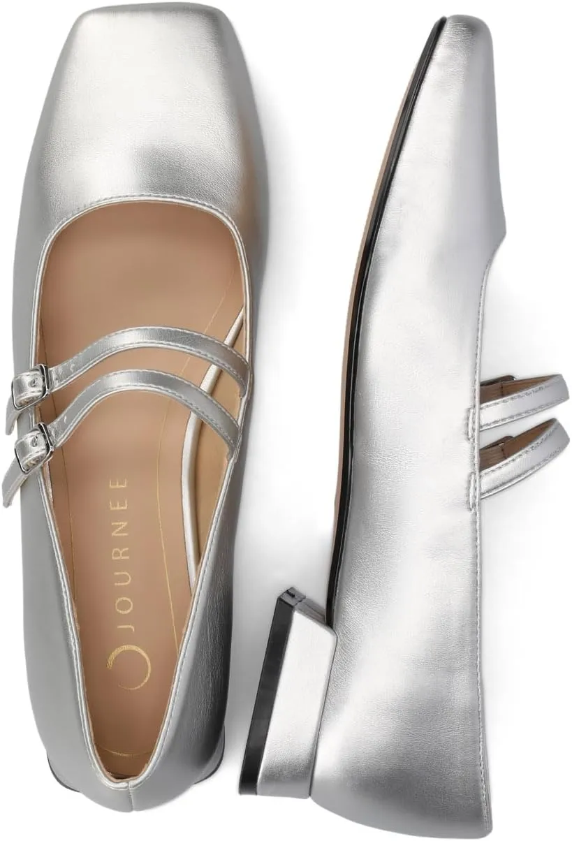 Journee Collection Womens Gredah Mary Jane Dress Flats Strappy Double Buckle Slip On Cushioned Block Heel Square Toe