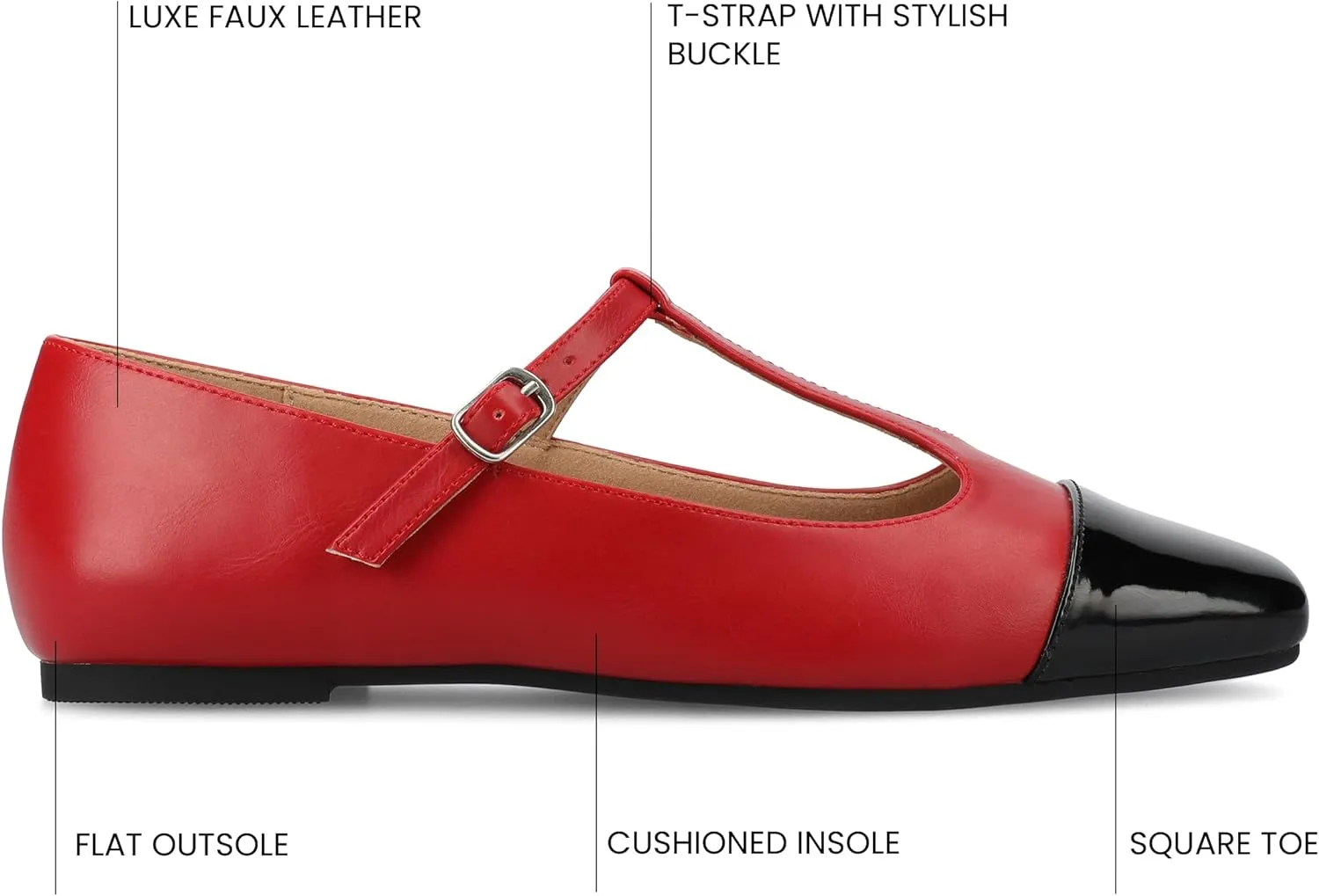 Journee Collection Womens Theah Mary Jane Buckle T-Strap Dress Flats Cushioned Two Tone Square Cap Toe Fashion Shoe
