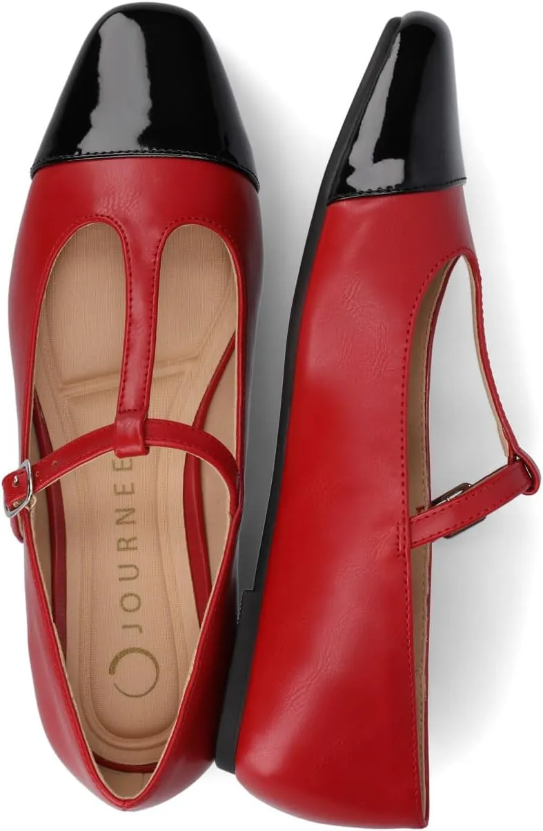 Journee Collection Womens Theah Mary Jane Buckle T-Strap Dress Flats Cushioned Two Tone Square Cap Toe Fashion Shoe