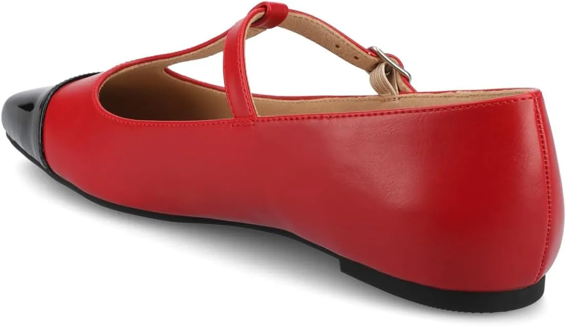 Journee Collection Womens Theah Mary Jane Buckle T-Strap Dress Flats Cushioned Two Tone Square Cap Toe Fashion Shoe