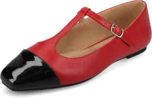 Journee Collection Womens Theah Mary Jane Buckle T-Strap Dress Flats Cushioned Two Tone Square Cap Toe Fashion Shoe