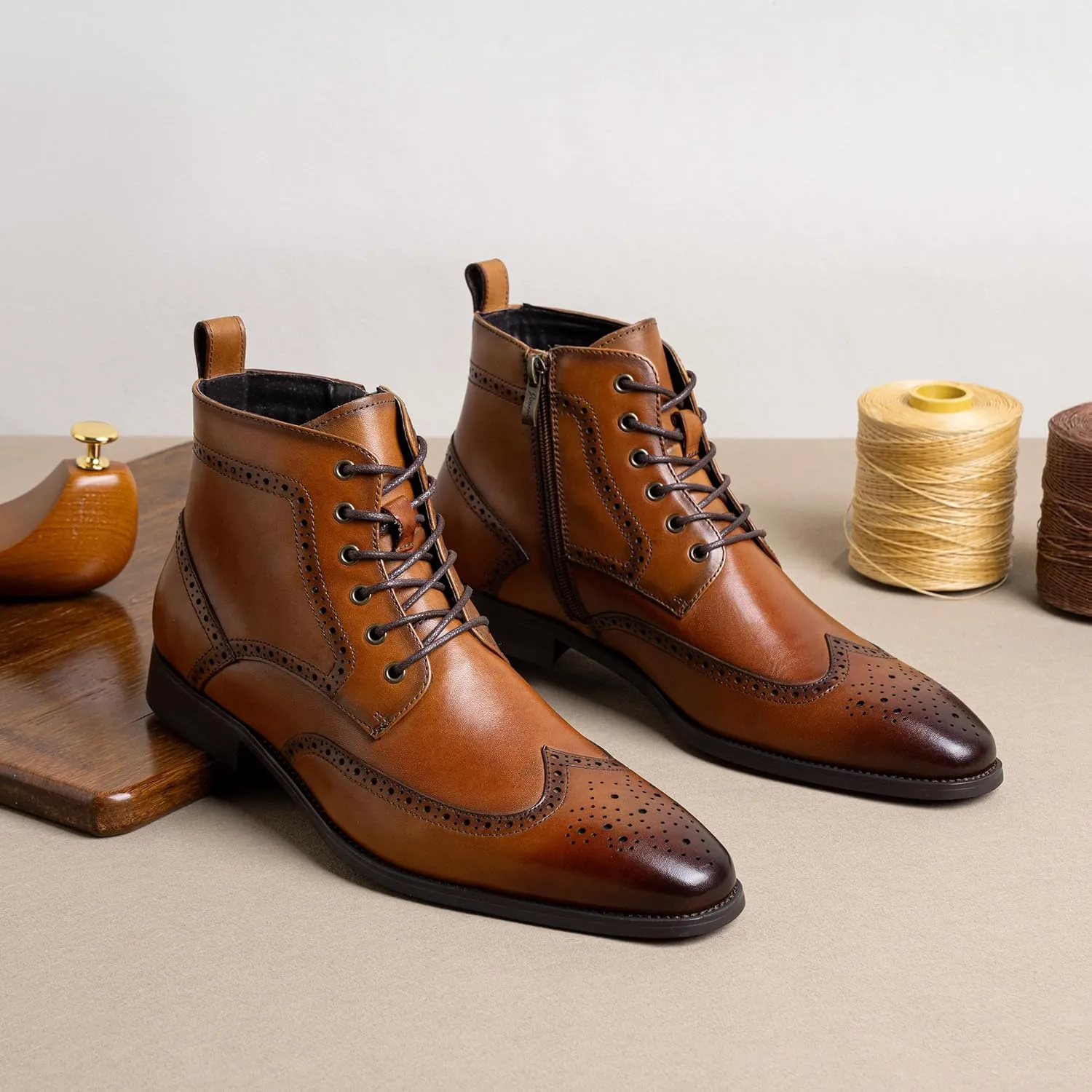 Jousen Mens Boots Leather Dress Boots for Mens Cap-Toe Fashion Boots for Men