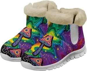 JoyLamoria Colorful Mushroom Womens Winter Fuzzy Boots Warm Snow Boots Anti Slip Comfort Fur Lined Mushroom Ankle Booties for Cold Weather Outdoor Walking Boots