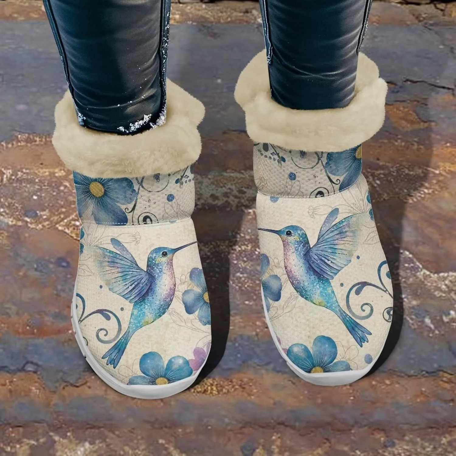 JoyLamoria Funny Santa Claus Reindeer Print Snow Boots for Women Christmas Blue Snowflake Fuzzy Boots Walking Sneakers Boots Warm Lined Boots Anti Slip for Outdoor