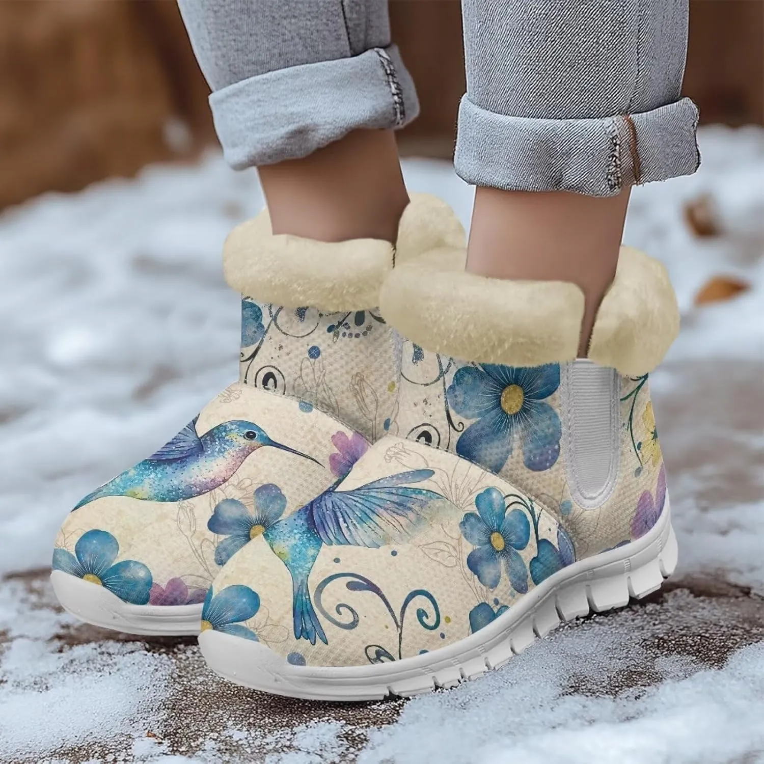 JoyLamoria Funny Santa Claus Reindeer Print Snow Boots for Women Christmas Blue Snowflake Fuzzy Boots Walking Sneakers Boots Warm Lined Boots Anti Slip for Outdoor
