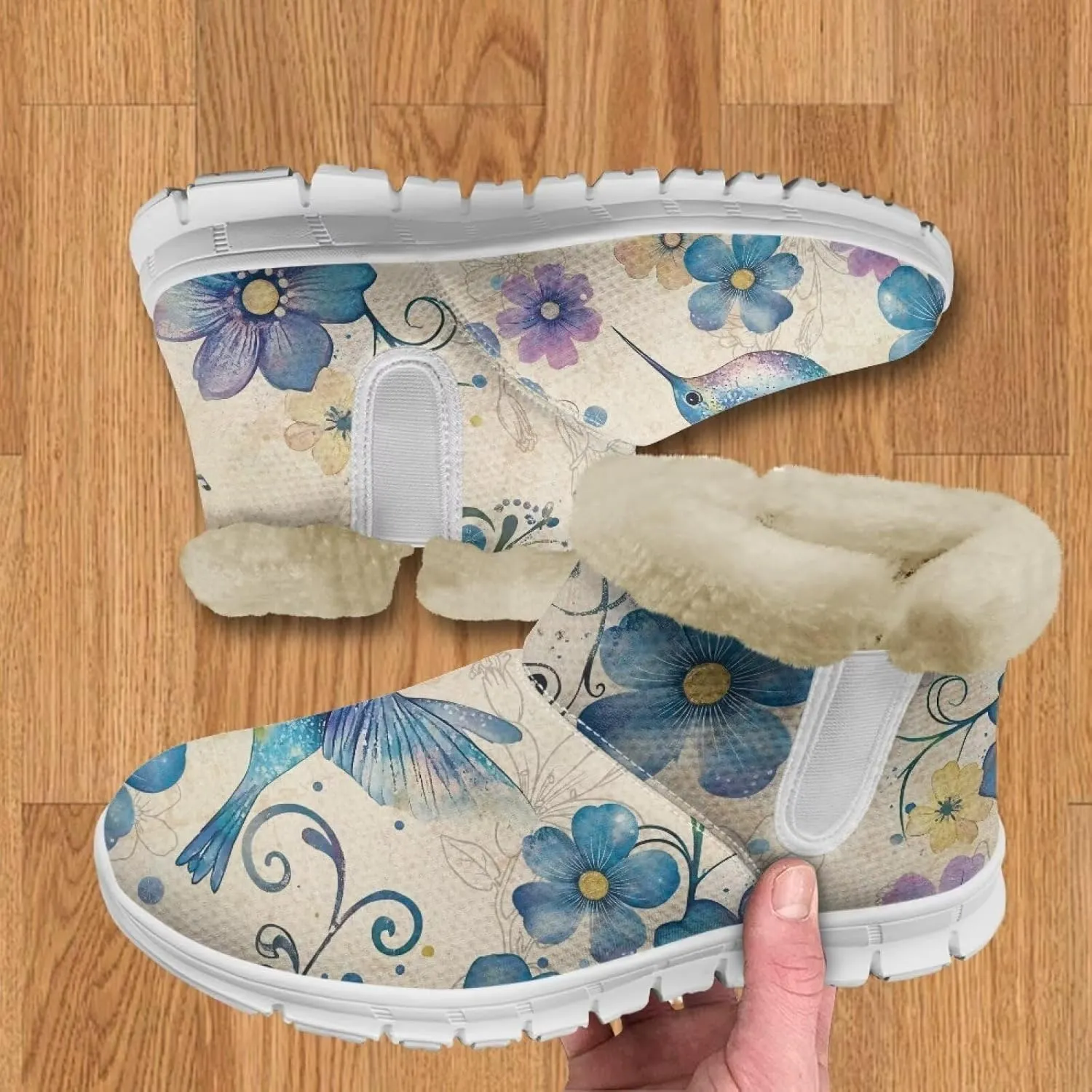 JoyLamoria Funny Santa Claus Reindeer Print Snow Boots for Women Christmas Blue Snowflake Fuzzy Boots Walking Sneakers Boots Warm Lined Boots Anti Slip for Outdoor