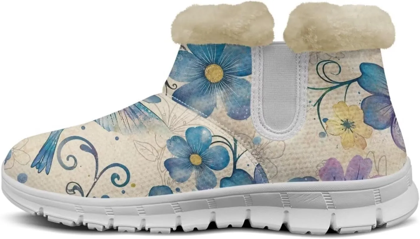 JoyLamoria Funny Santa Claus Reindeer Print Snow Boots for Women Christmas Blue Snowflake Fuzzy Boots Walking Sneakers Boots Warm Lined Boots Anti Slip for Outdoor