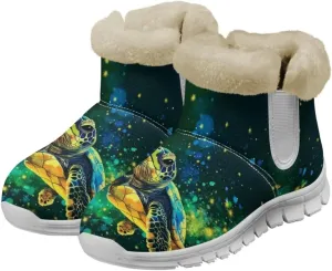 JoyLamoria Green Sea Turtle Winter Snow Boots for Women Anti Slip Warm Boots Fuzzy Fluffy Ankle Booties for Women Teens Cold Weather Walking Sneakers Boots