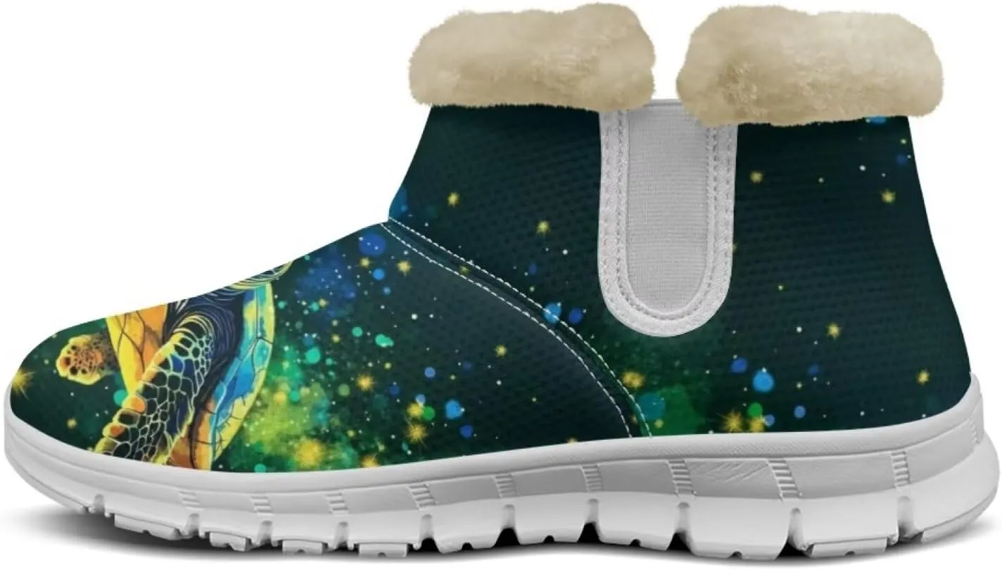 JoyLamoria Green Sea Turtle Winter Snow Boots for Women Anti Slip Warm Boots Fuzzy Fluffy Ankle Booties for Women Teens Cold Weather Walking Sneakers Boots