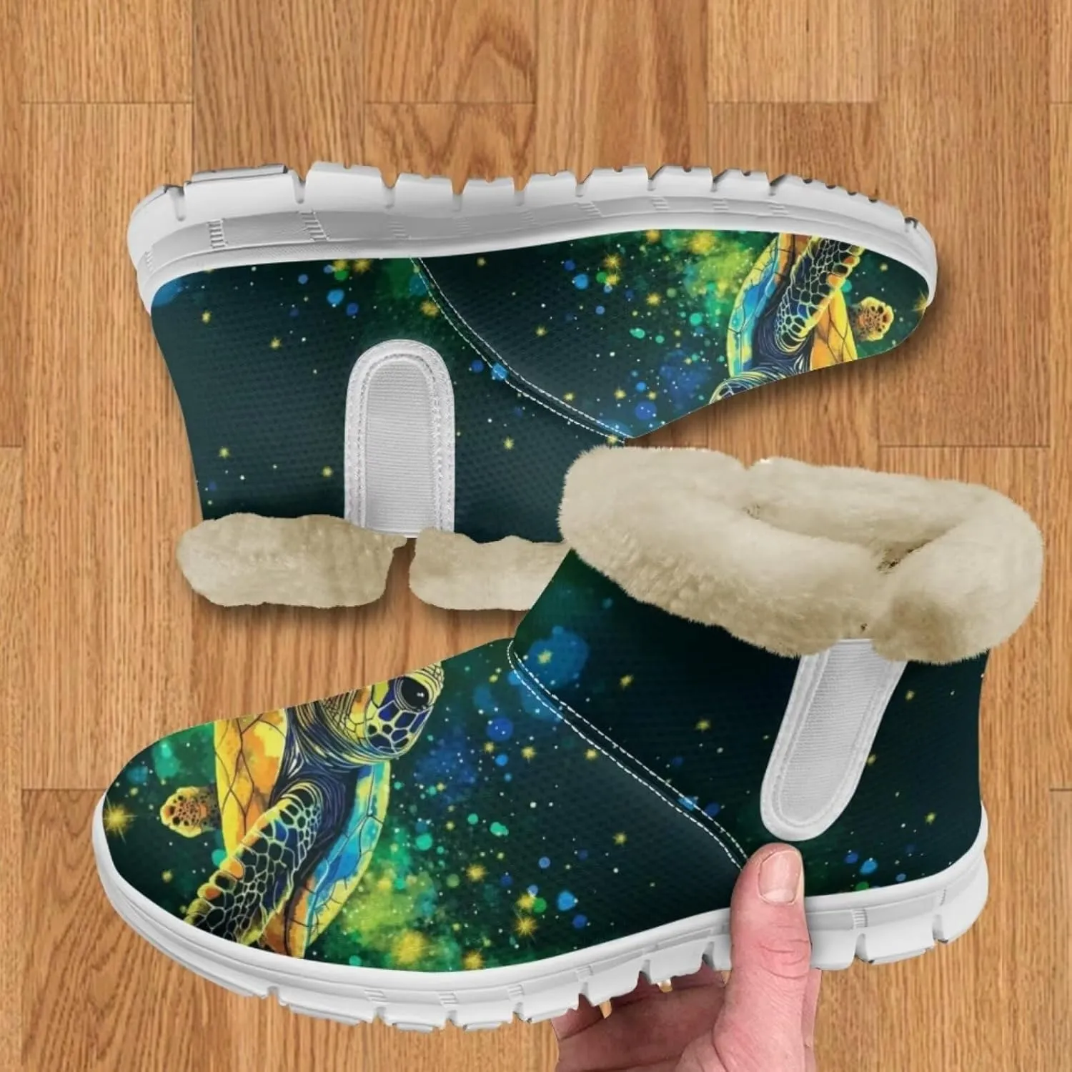 JoyLamoria Green Sea Turtle Winter Snow Boots for Women Anti Slip Warm Boots Fuzzy Fluffy Ankle Booties for Women Teens Cold Weather Walking Sneakers Boots