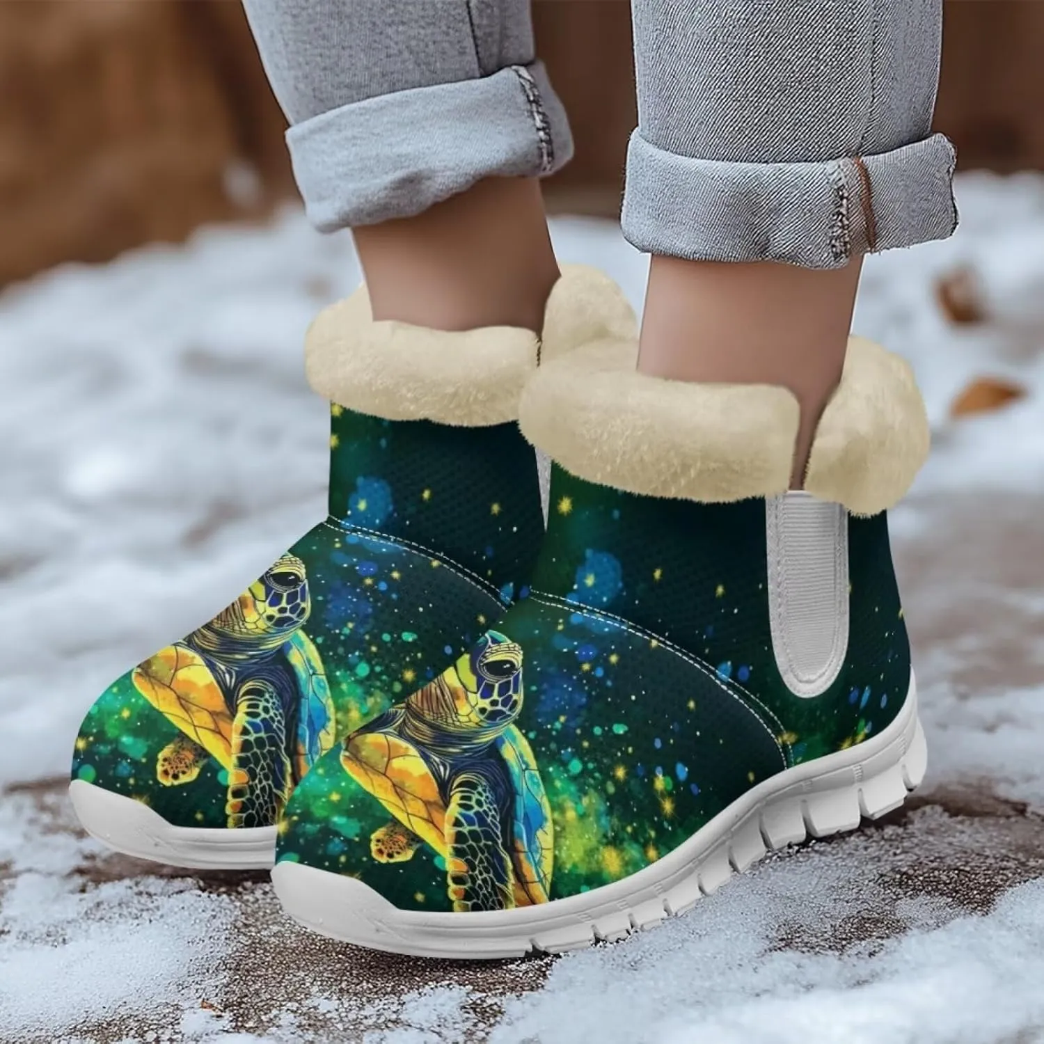 JoyLamoria Green Sea Turtle Winter Snow Boots for Women Anti Slip Warm Boots Fuzzy Fluffy Ankle Booties for Women Teens Cold Weather Walking Sneakers Boots
