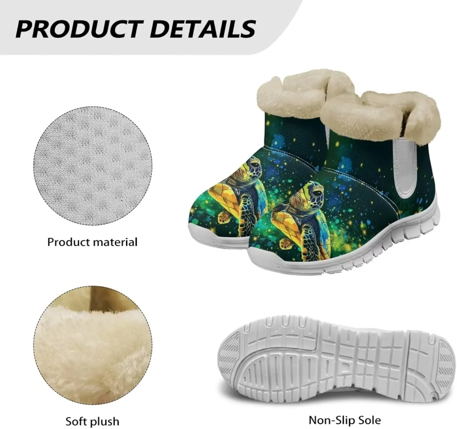 JoyLamoria Green Sea Turtle Winter Snow Boots for Women Anti Slip Warm Boots Fuzzy Fluffy Ankle Booties for Women Teens Cold Weather Walking Sneakers Boots