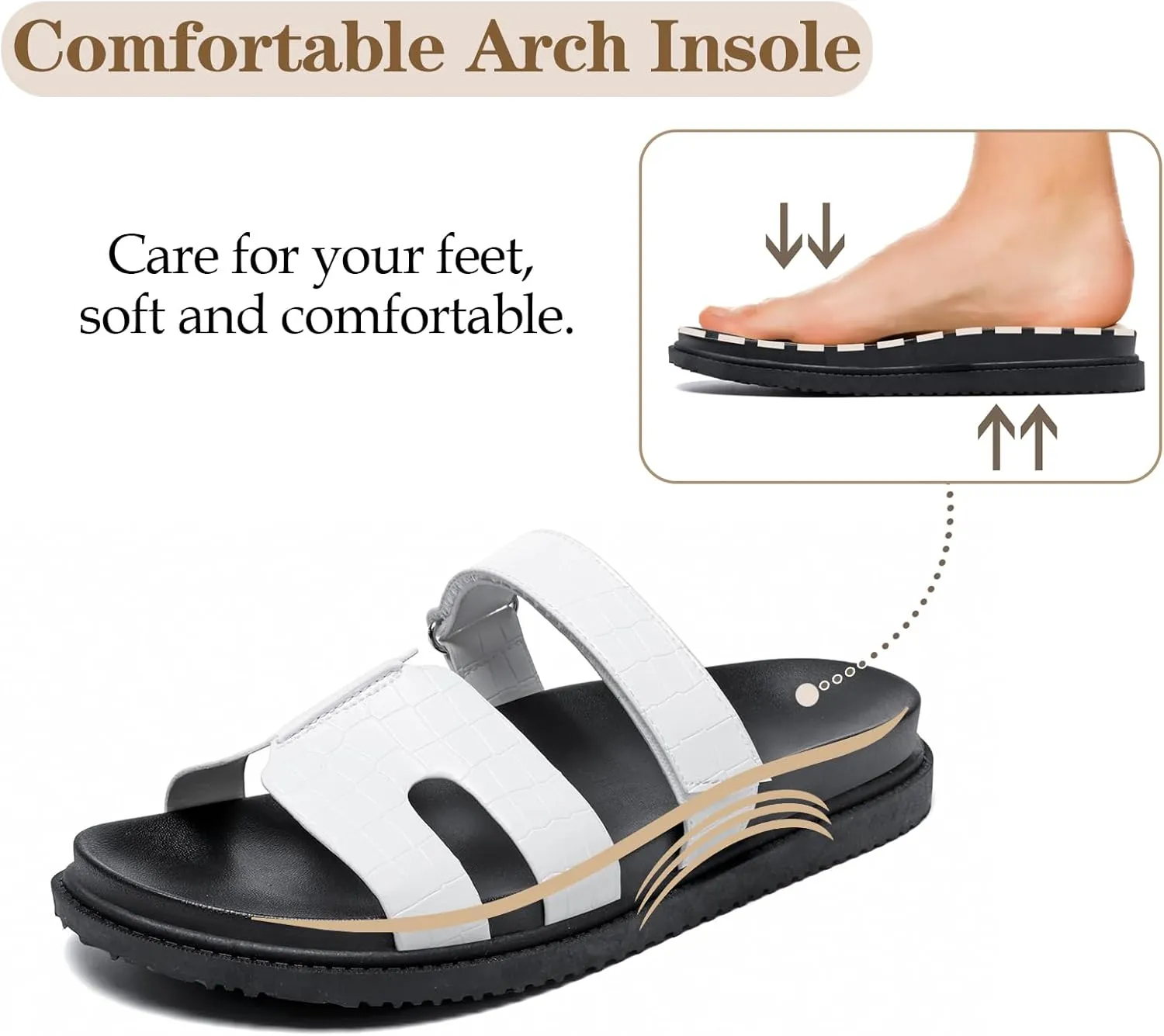 JSWEI Sandals Slides for Women,Women's Slippers Shoes Non-Slip Comfortable and Adjustable Velcro Summer Arch Support Woman Slides Sandals Outdoor Flat Slippers Beach Sandalias Para Mujer