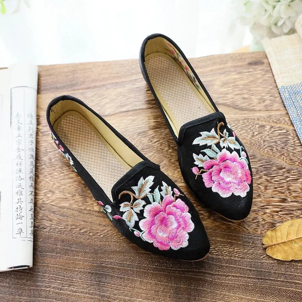 JYHBHMZG Women Fleece Cotton Fabric Embroidered Ballet Flats Pointed Toe Spring Retro Ladies Casual Slip On Ballerinas Shoes