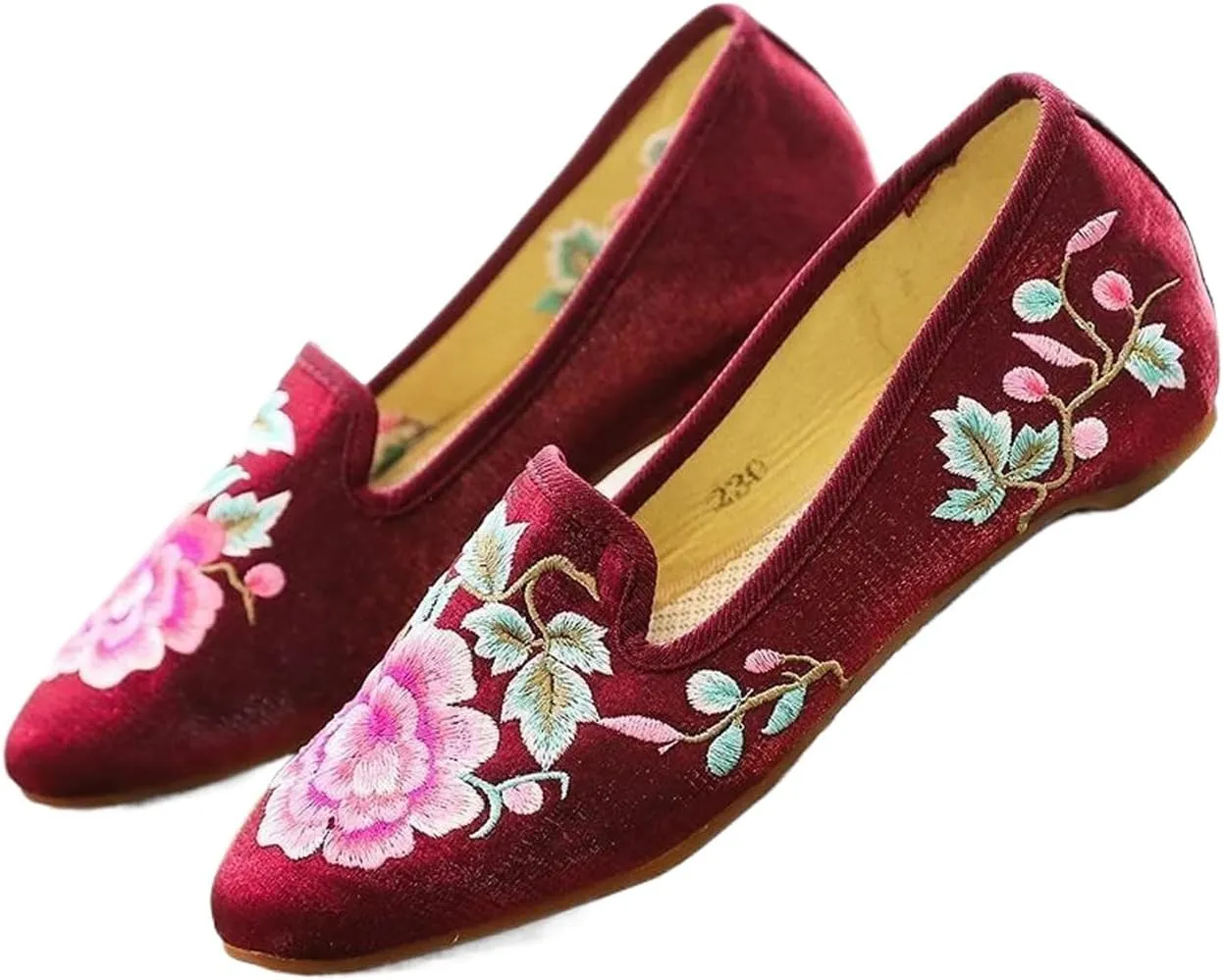 JYHBHMZG Women Fleece Cotton Fabric Embroidered Ballet Flats Pointed Toe Spring Retro Ladies Casual Slip On Ballerinas Shoes
