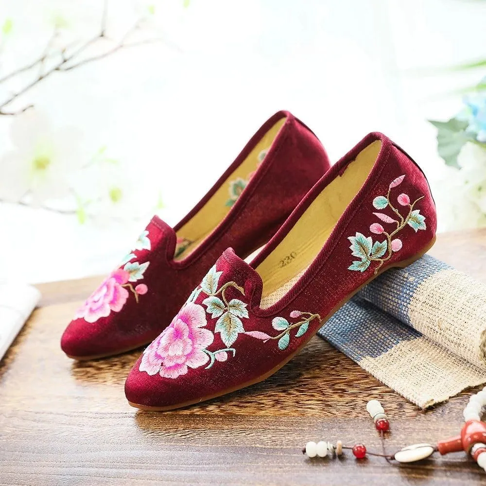 JYHBHMZG Women Fleece Cotton Fabric Embroidered Ballet Flats Pointed Toe Spring Retro Ladies Casual Slip On Ballerinas Shoes