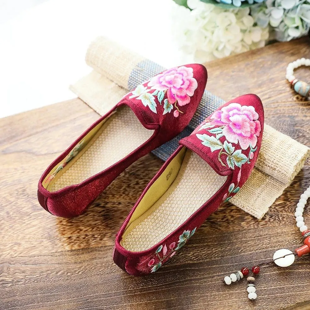 JYHBHMZG Women Fleece Cotton Fabric Embroidered Ballet Flats Pointed Toe Spring Retro Ladies Casual Slip On Ballerinas Shoes
