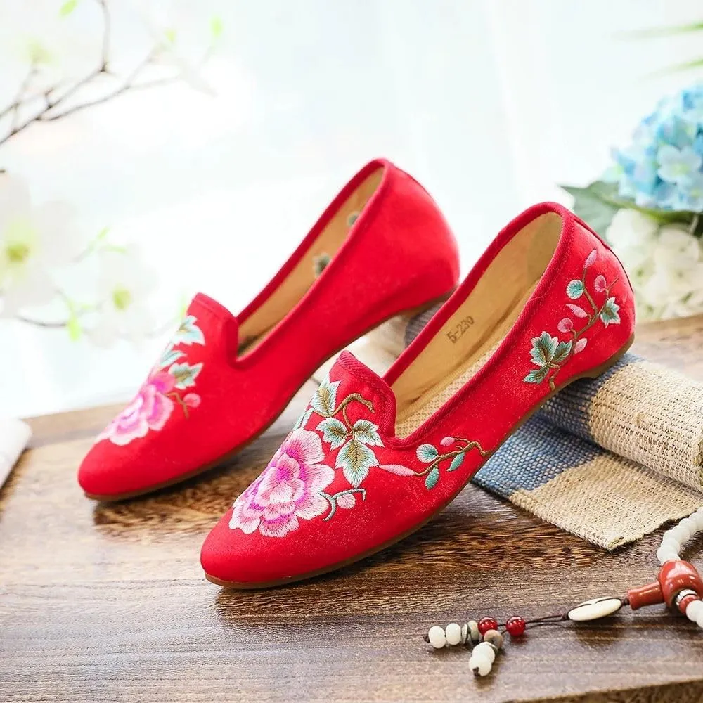 JYHBHMZG Women Fleece Cotton Fabric Embroidered Ballet Flats Pointed Toe Spring Retro Ladies Casual Slip On Ballerinas Shoes
