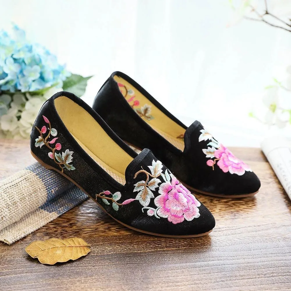 JYHBHMZG Women Fleece Cotton Fabric Embroidered Ballet Flats Pointed Toe Spring Retro Ladies Casual Slip On Ballerinas Shoes
