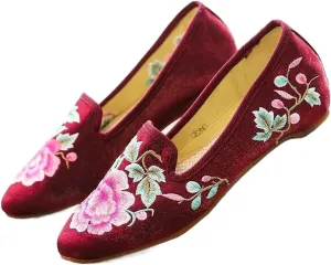 JYHBHMZG Women Fleece Cotton Fabric Embroidered Ballet Flats Pointed Toe Spring Retro Ladies Casual Slip On Ballerinas Shoes