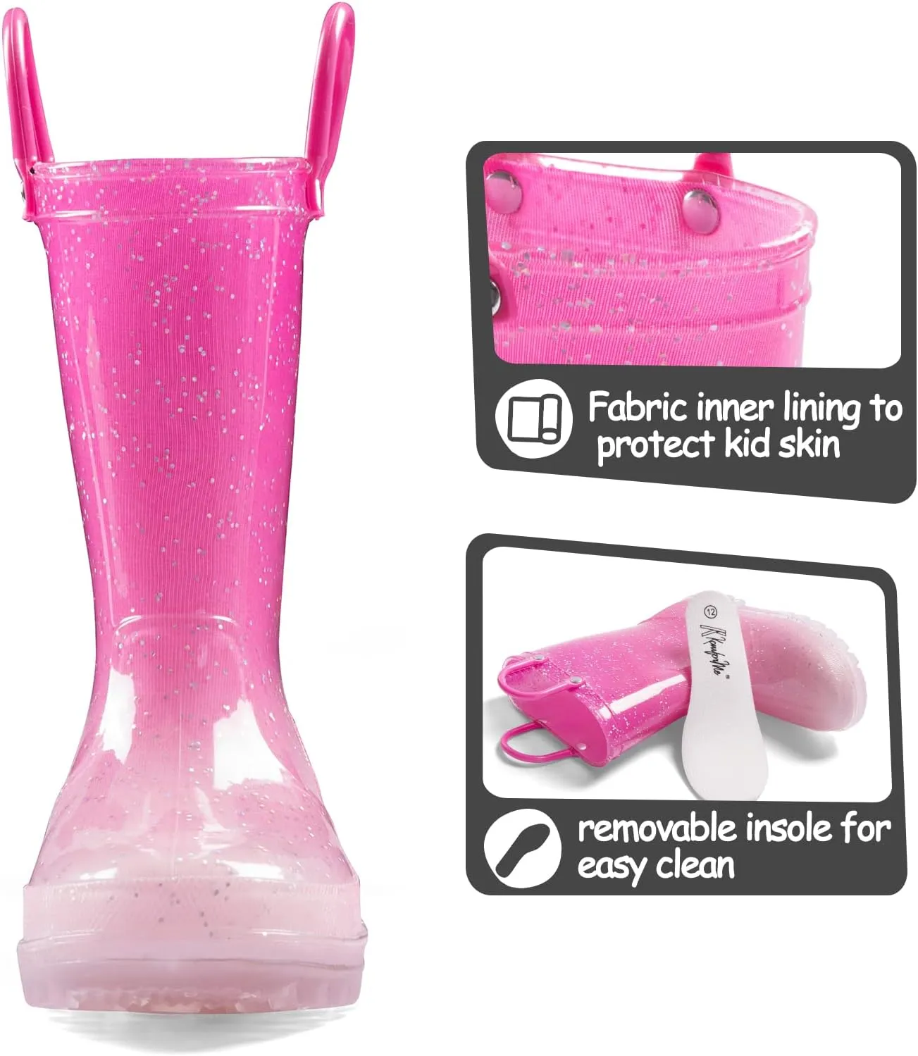 K KomForme Toddler Light Up Rain Boots for Girls Boys Waterproof Rain Boots with Handles Outdoors
