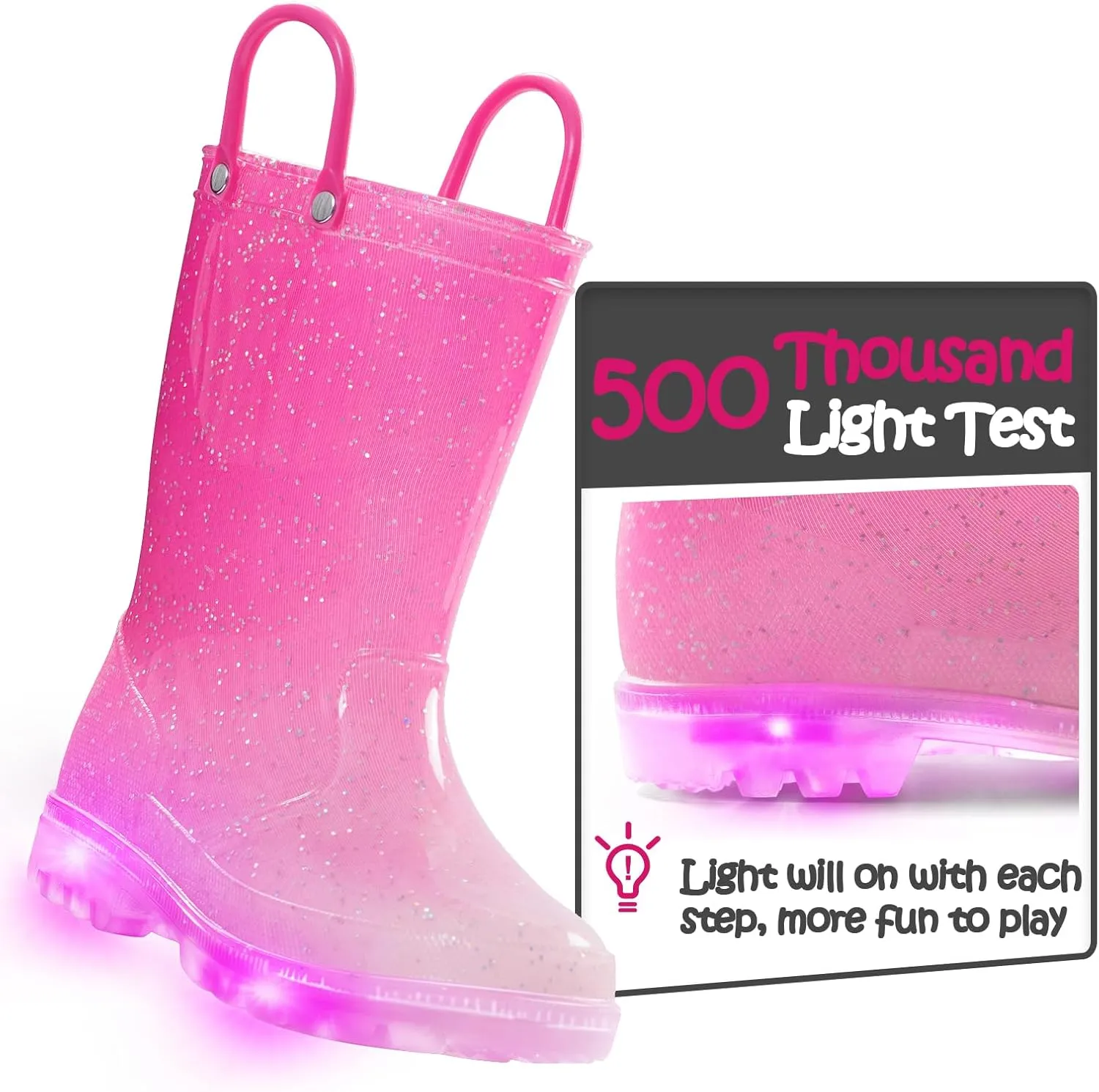 K KomForme Toddler Light Up Rain Boots for Girls Boys Waterproof Rain Boots with Handles Outdoors