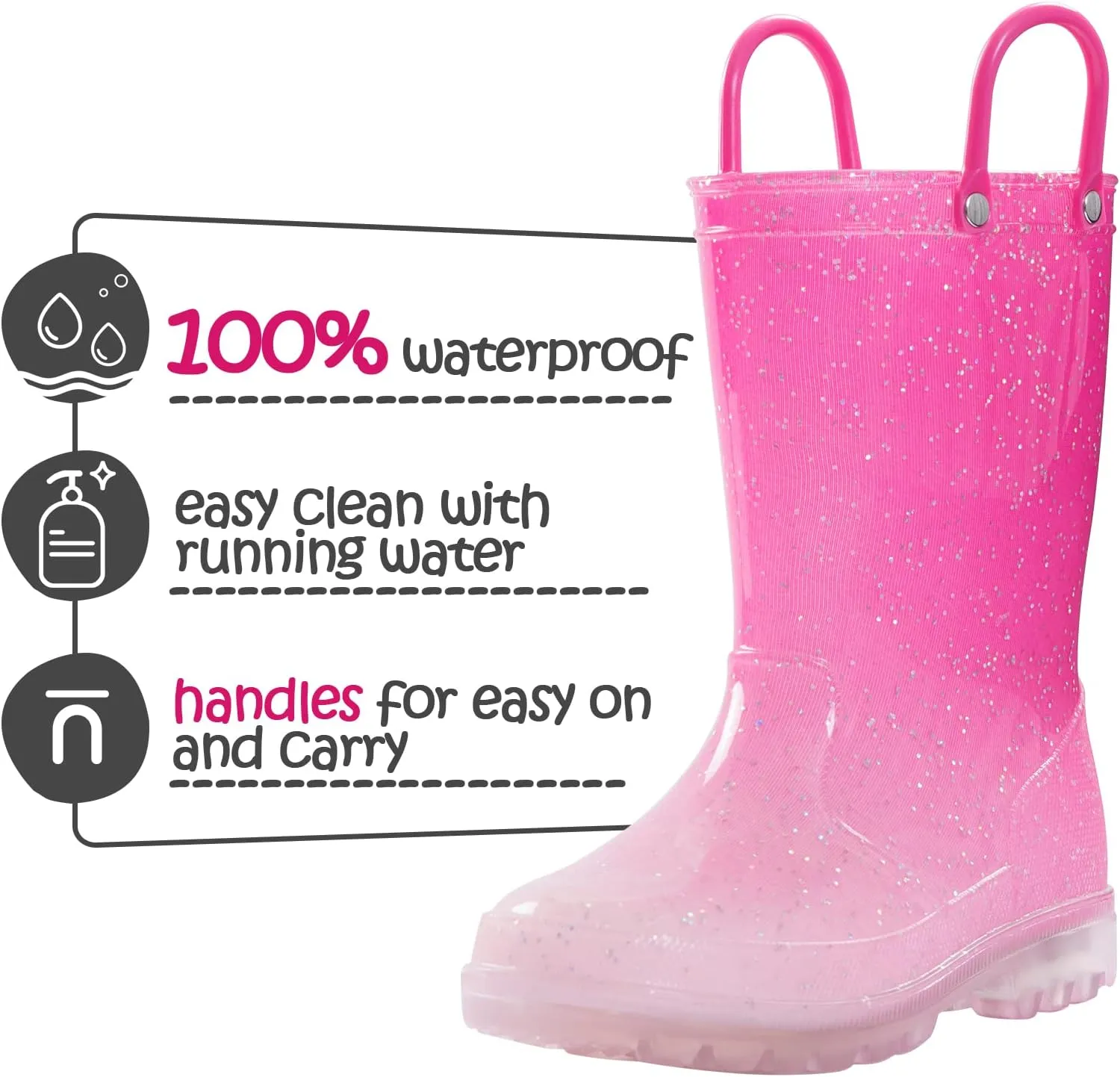 K KomForme Toddler Light Up Rain Boots for Girls Boys Waterproof Rain Boots with Handles Outdoors
