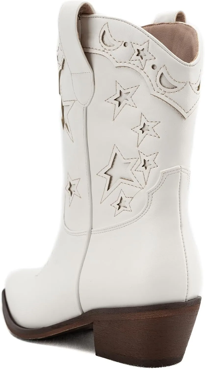 KaroNairy Western Star Cowboy Booties for Women Embroidered Cowgirl Booties Pull On Low Heel Ponited Toe Ankle Cowgirl Boots