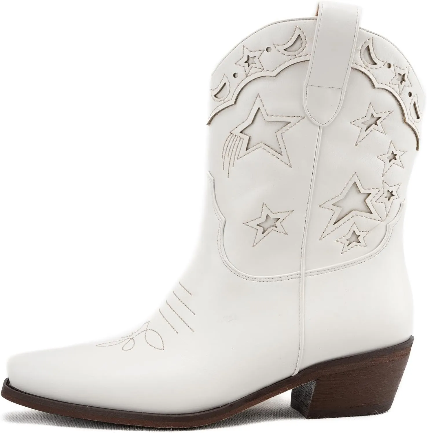 KaroNairy Western Star Cowboy Booties for Women Embroidered Cowgirl Booties Pull On Low Heel Ponited Toe Ankle Cowgirl Boots