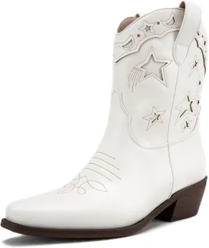 KaroNairy Western Star Cowboy Booties for Women Embroidered Cowgirl Booties Pull On Low Heel Ponited Toe Ankle Cowgirl Boots