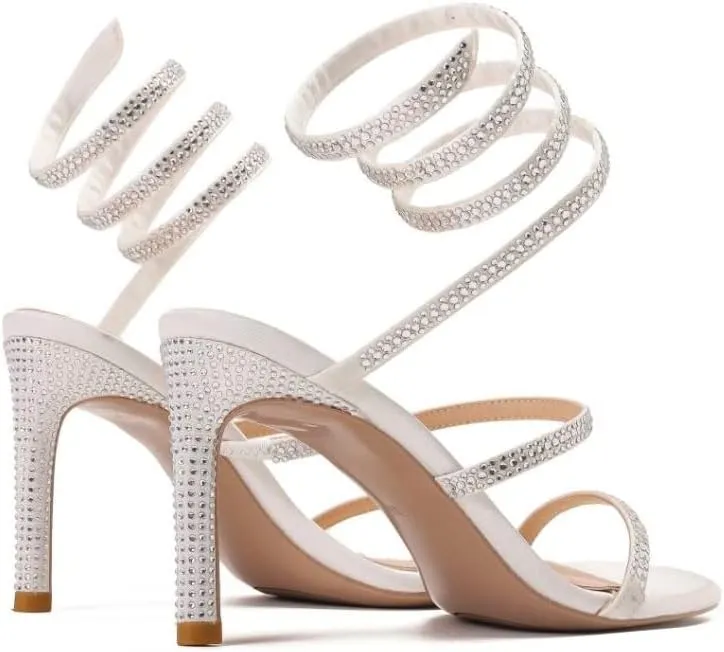 keleimusi Womens Ankle-Wrap Up Heeled Sandals Glitter Spiral Strappy High Heels