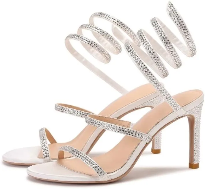 keleimusi Womens Ankle-Wrap Up Heeled Sandals Glitter Spiral Strappy High Heels