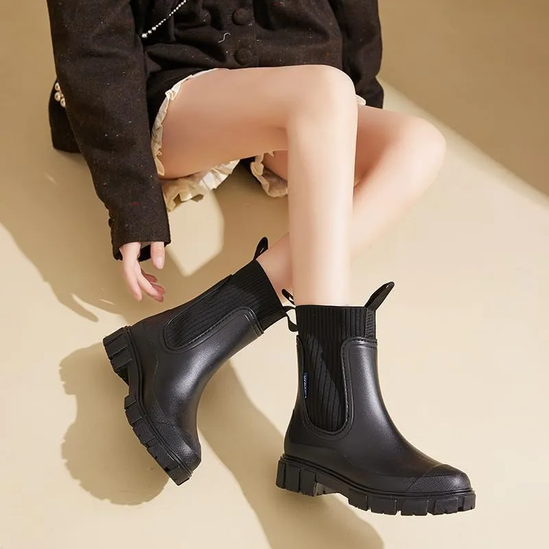 keleimusi Women's Rubber Rain Boots Waterproof Garden Shoes Short Chelsea Anti-Slipping Rainboots For Women with Sock Comfortable Insoles Stylish Light Ankle Rain Shoes Outdoor Work Booties