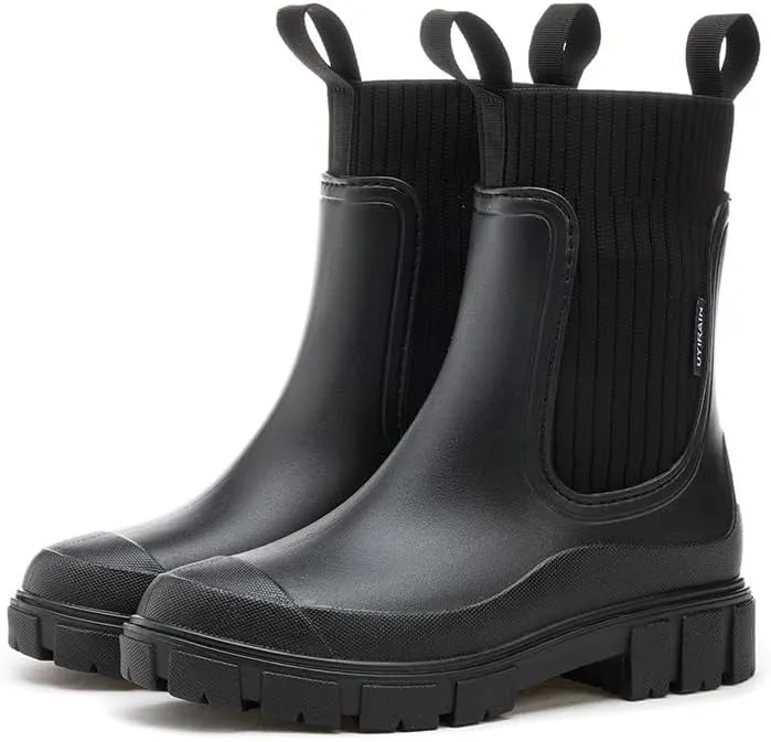 keleimusi Women's Rubber Rain Boots Waterproof Garden Shoes Short Chelsea Anti-Slipping Rainboots For Women with Sock Comfortable Insoles Stylish Light Ankle Rain Shoes Outdoor Work Booties