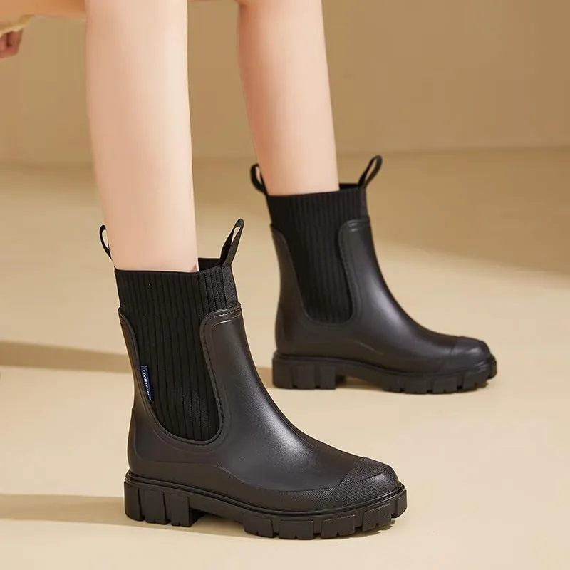 keleimusi Women's Rubber Rain Boots Waterproof Garden Shoes Short Chelsea Anti-Slipping Rainboots For Women with Sock Comfortable Insoles Stylish Light Ankle Rain Shoes Outdoor Work Booties