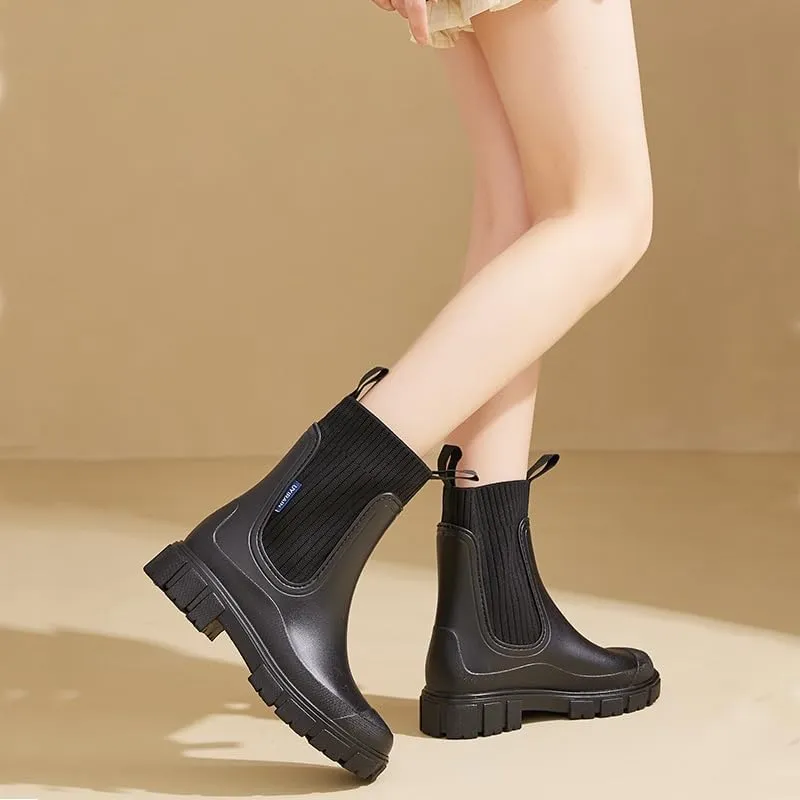 keleimusi Women's Rubber Rain Boots Waterproof Garden Shoes Short Chelsea Anti-Slipping Rainboots For Women with Sock Comfortable Insoles Stylish Light Ankle Rain Shoes Outdoor Work Booties