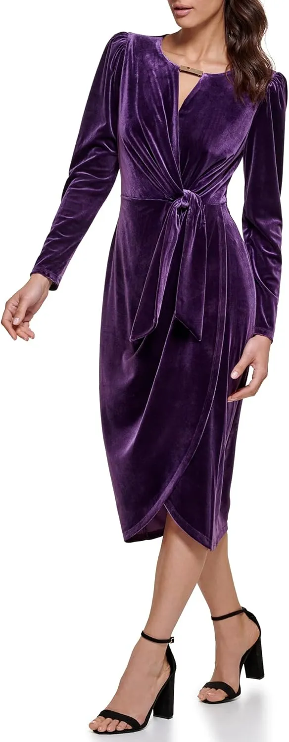 kensie Women's Long Sleeve Velvet Faux Wrap Midi Dress