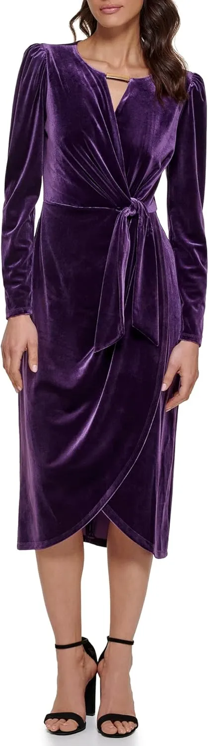 kensie Women's Long Sleeve Velvet Faux Wrap Midi Dress