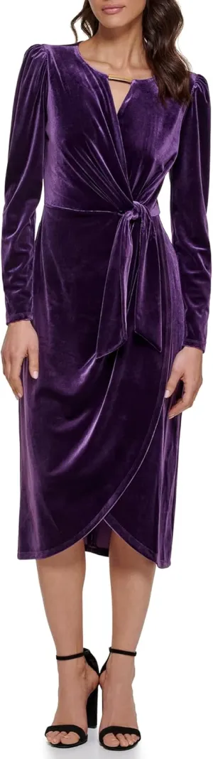 kensie Women's Long Sleeve Velvet Faux Wrap Midi Dress