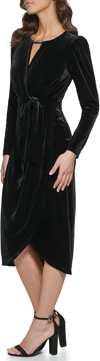 kensie Women's Long Sleeve Velvet Faux Wrap Midi Dress