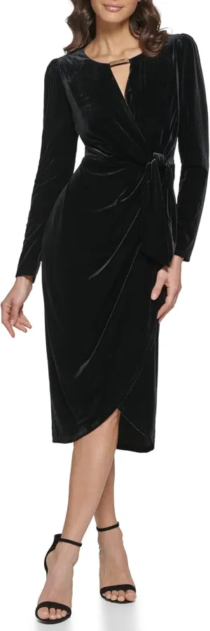 kensie Women's Long Sleeve Velvet Faux Wrap Midi Dress