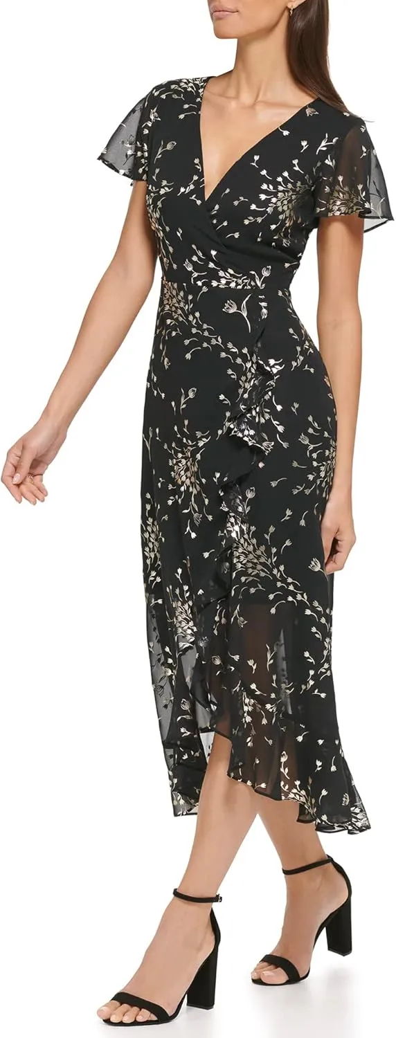 kensie Women's Short Flutter Sleeve Faux Wrap Midi Dress