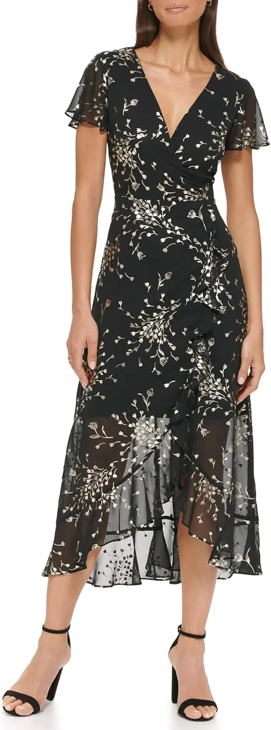 kensie Women's Short Flutter Sleeve Faux Wrap Midi Dress