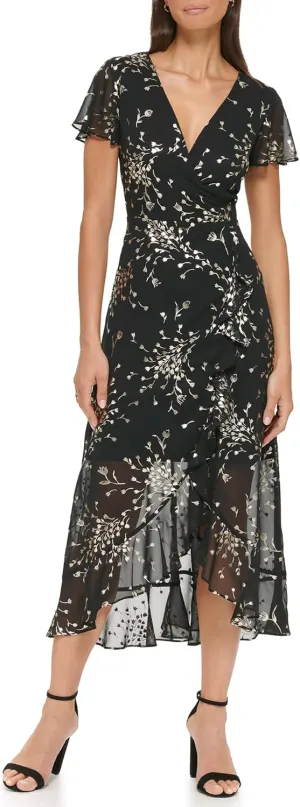 kensie Women's Short Flutter Sleeve Faux Wrap Midi Dress