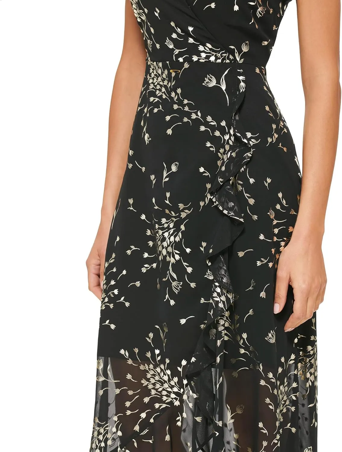 kensie Women's Short Flutter Sleeve Faux Wrap Midi Dress