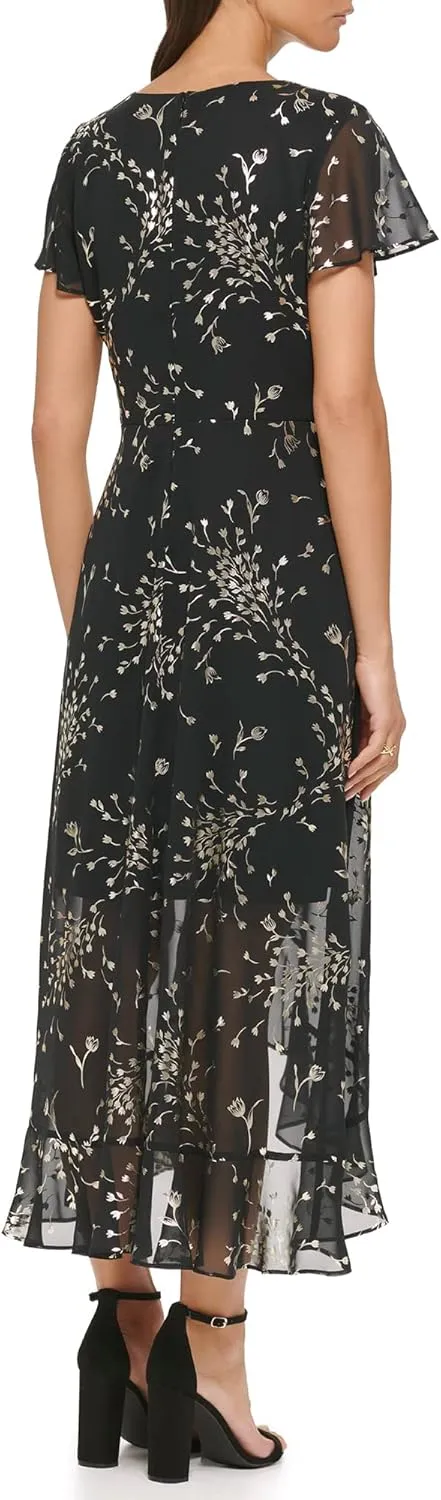 kensie Women's Short Flutter Sleeve Faux Wrap Midi Dress