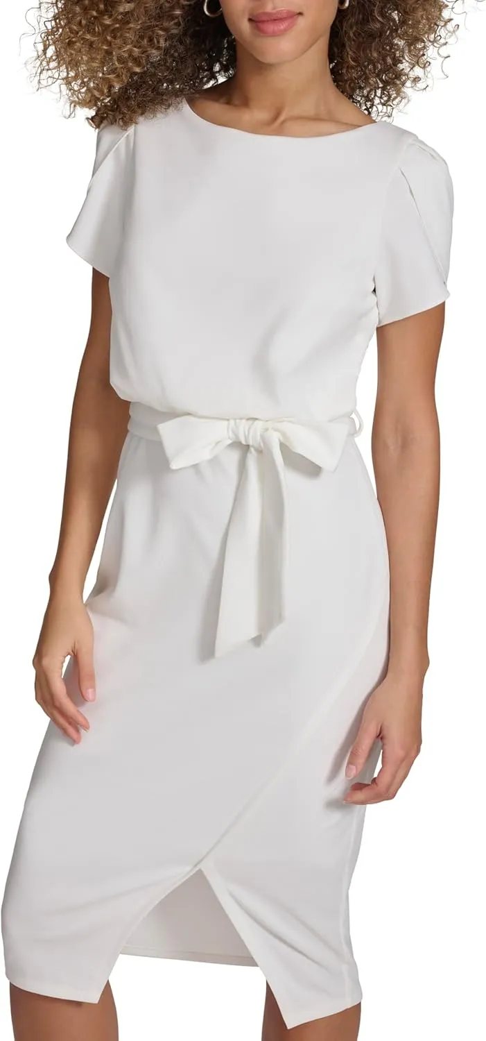 kensie Women's Short Sleeve Tie Waist Midi Dress