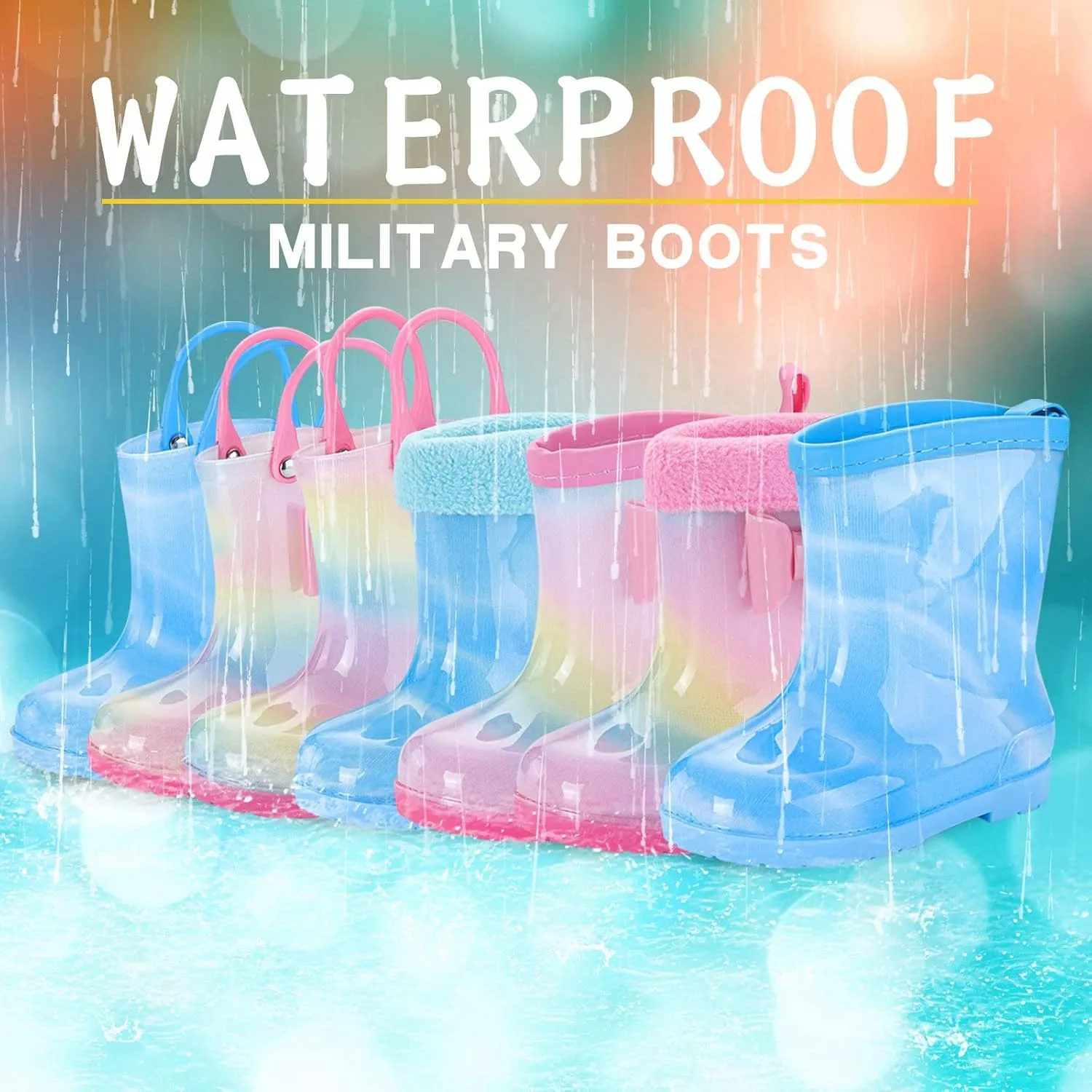 Kids Bow Rain Boots for Girls Toddler Waterproof Rubber Cute Rainbow Rain Shoes Lightweight Anti Leather Kids Boots