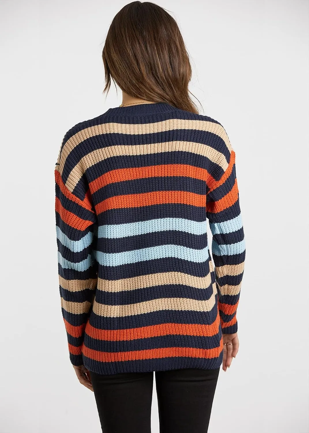 KIRUNDO Women's 2025 Fall Winter Striped Color Block Short Sweater Long Sleeve Crew Neck Casual Loose Knit Pullover Tops