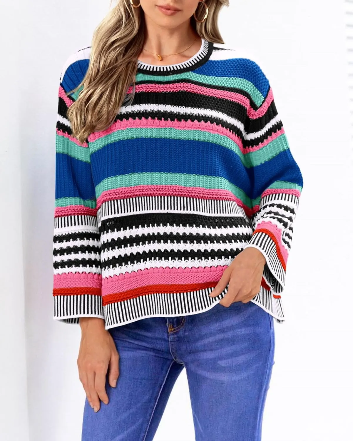 KIRUNDO Women's 2025 Fall Winter Striped Color Block Short Sweater Long Sleeve Crew Neck Casual Loose Knit Pullover Tops